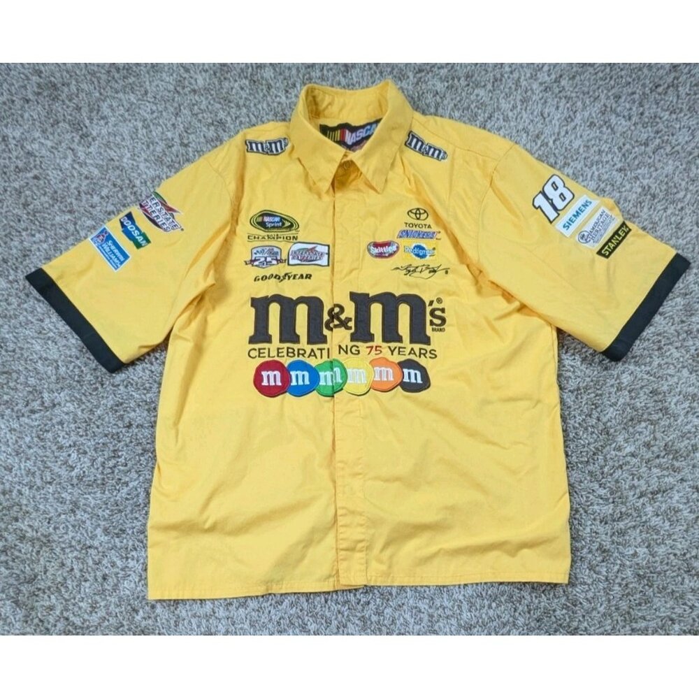 Kyle Busch JH Design Nascar Crew Shirt Mens Large Yellow Button Up #18 M&M's
